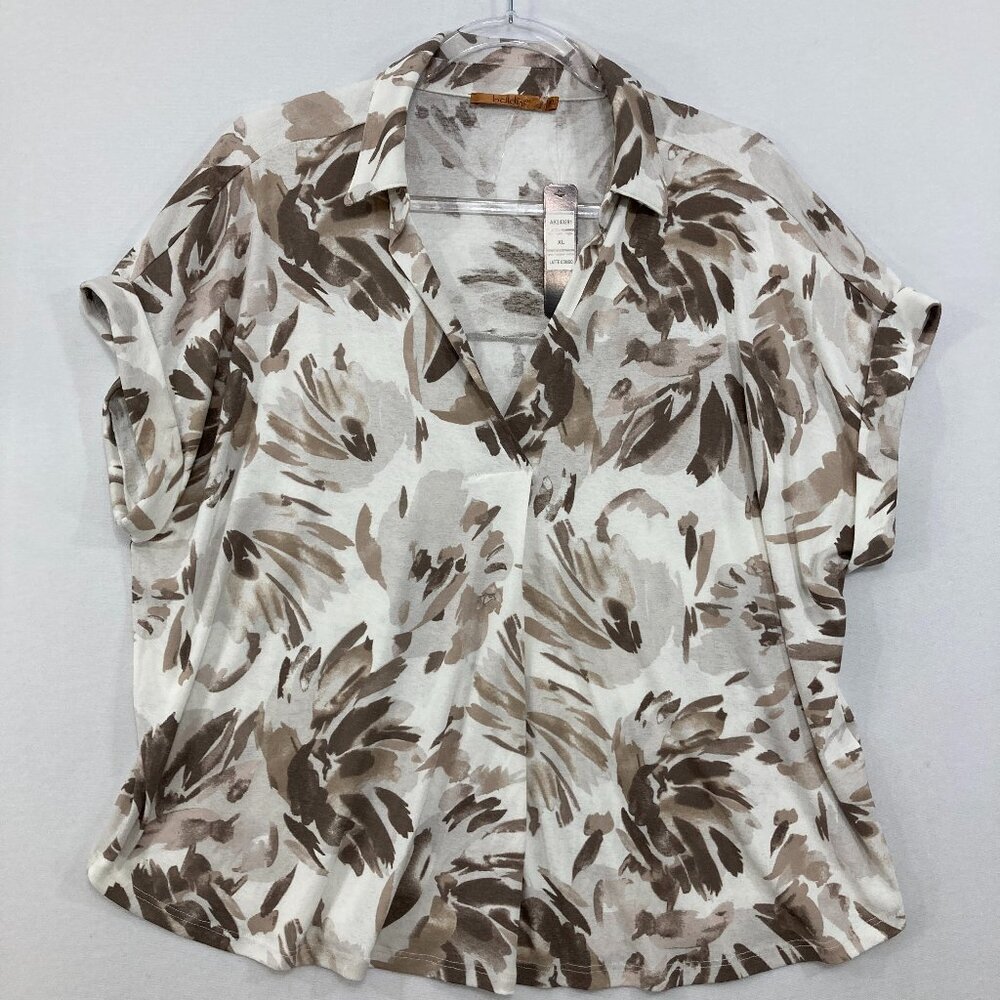 New Belldini XL Brown White Floral Collar Stretch Short Sleeve Relaxed Blouse